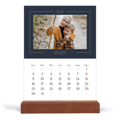 Calendrier de bureau support bois - portrait  — Bleu de Prusse [Mars]