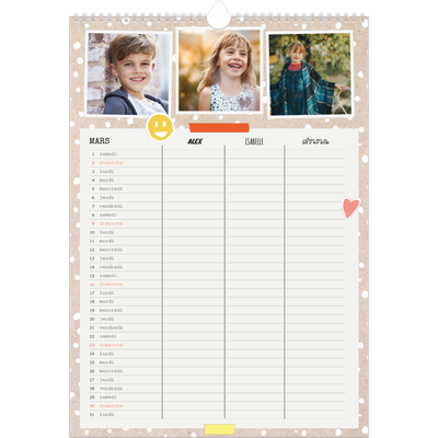 Calendrier familial A3 — Agenda rustique - Famille de 3 [Mars]