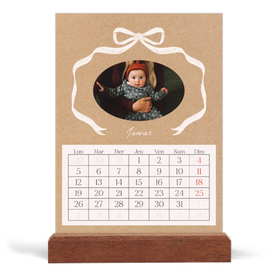 Calendrier de bureau support bois - portrait  — Kraft et nœud [Janvier]