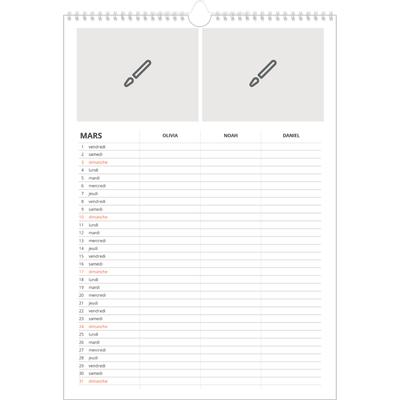 Calendrier familial A3 — Créez votre produit - Famille de 3 [Mars]