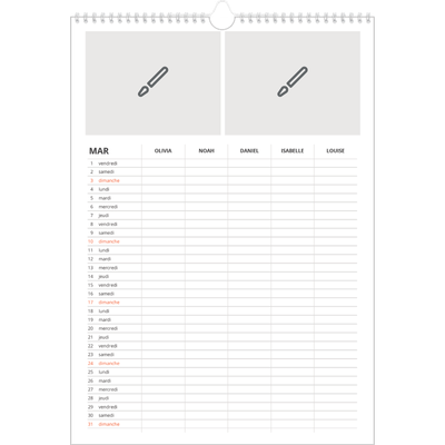 Calendrier familial A3 — Créez votre produit - Famille de 5 [Mars]