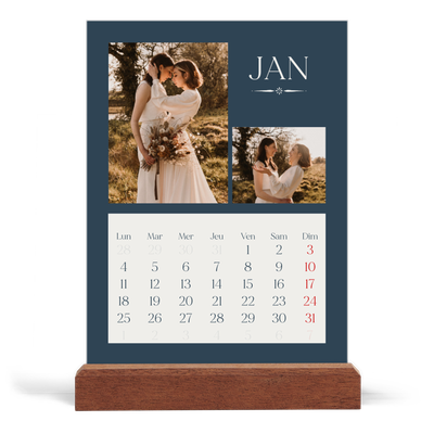 Calendrier de bureau support bois - portrait  — Ardoise et sérifs [Janvier]
