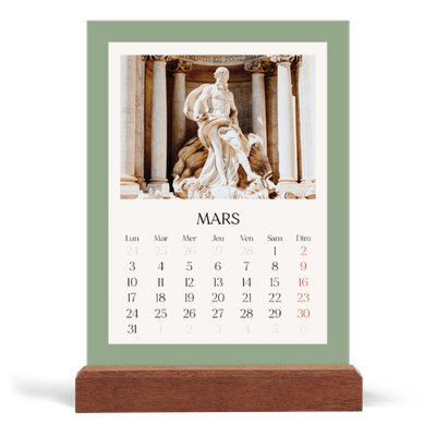 Calendrier de bureau support bois - portrait  — Couleurs classiques [Mars]