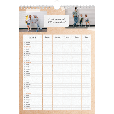 Calendrier familial A4 — Agenda kraft - Famille de 5 [Mars]