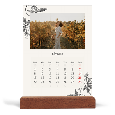 Calendrier de bureau support bois - portrait  — Encre & lierre [Février]