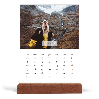 Calendrier de bureau support bois - portrait  — Superposition discrète [Mars]