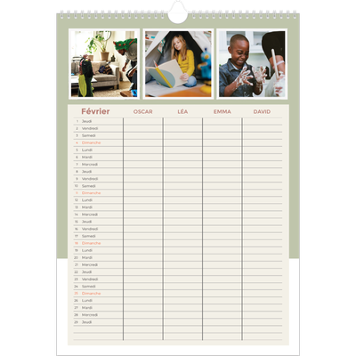 Calendrier familial A3 — Agenda palette naturelle - Famille de 4 [Février]