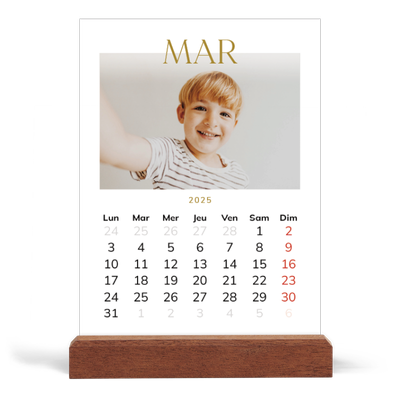 Calendrier de bureau support bois - portrait  — Large texte Doré [Mars]