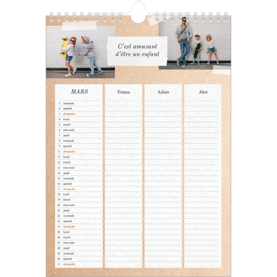 Calendrier familial A4 — Agenda kraft - Famille de 3 [Mars]