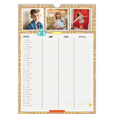 Calendrier familial A3 — Agenda rustique - Famille de 3 [Avril]