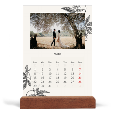 Calendrier de bureau support bois - portrait  — Encre & lierre [Mars]