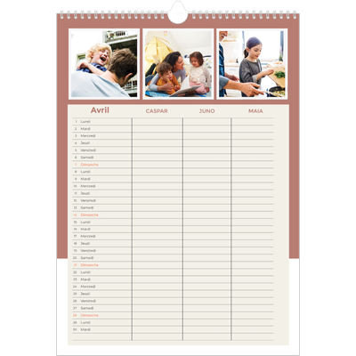 Calendrier familial A3 — Agenda palette naturelle - Famille de 3 [Avril]