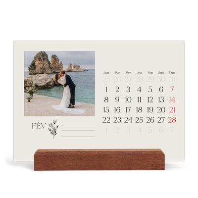 Calendrier de bureau support bois - paysage   — Initiales fleuries [Février]
