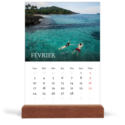 Calendrier de bureau support bois - portrait  — Superposition classique [Février]