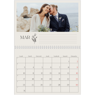 Calendrier photo A4 double (30 x 40 cm) — Initiales fleuries [Mars]