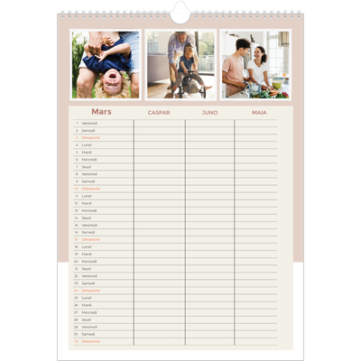 Calendrier familial A3 — Agenda palette naturelle - Famille de 3 [Mars]