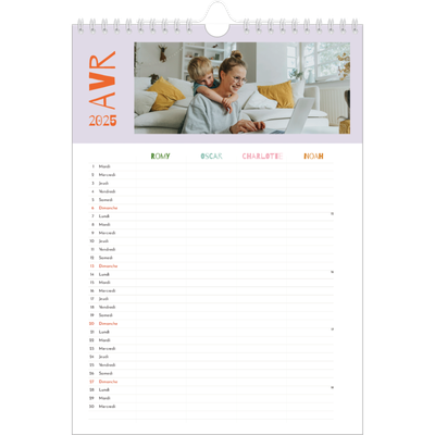 Calendrier familial A4 — Agenda tout en couleurs - Famille de 4 [Avril]