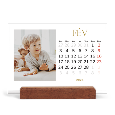 Calendrier de bureau support bois - paysage   — Large texte Doré [Février]