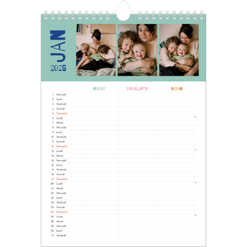 Calendrier photo A4 — Agenda tout en couleurs - Famille de 3
