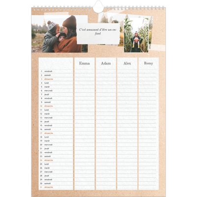 Calendrier familial A3 — Agenda kraft - Famille de 4 [Mars]