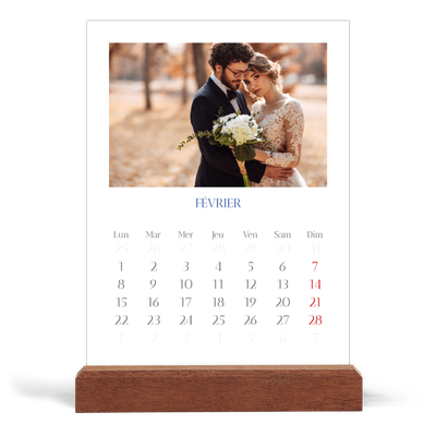 Calendrier de bureau support bois - portrait  — Classique cobalt [Février]