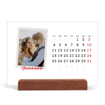 Calendrier de bureau support bois - paysage   — Signature carmin [Janvier]