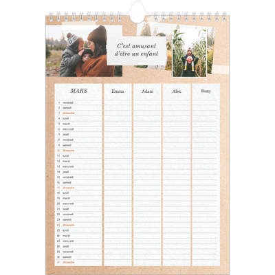 Calendrier familial A4 — Agenda kraft - Famille de 4 [Mars]