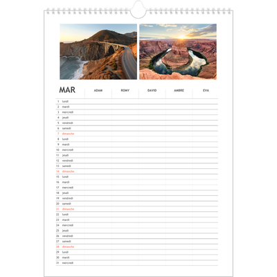 Calendrier familial A3 — Agenda simple - Famille de 5 [Mars]