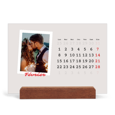 Calendrier de bureau support bois - paysage   — Signature carmin [Février]