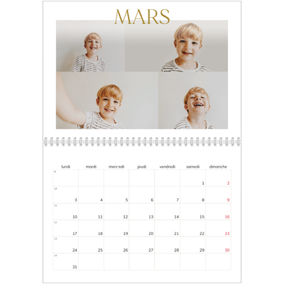 Calendrier photo A4 double (30 x 40 cm) — Large texte Doré [Mars]