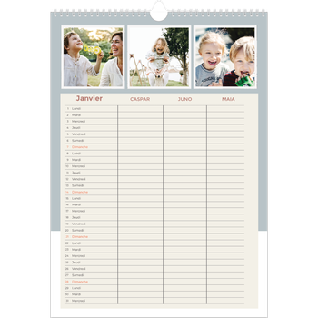Calendrier photo A3 — Agenda palette naturelle - Famille de 3