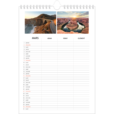 Calendrier familial A4 — Agenda simple - Famille de 3 [Mars]