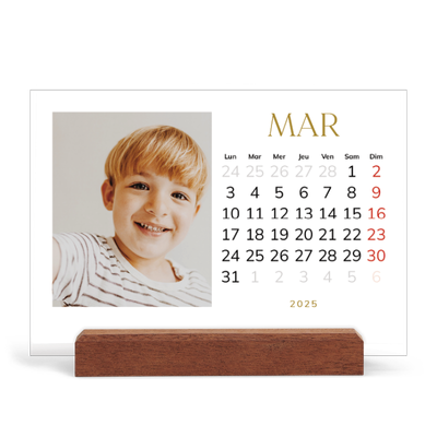 Calendrier de bureau support bois - paysage   — Large texte Doré [Mars]