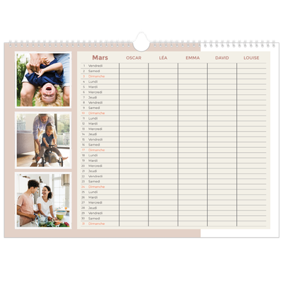 Calendrier photo A3 — Agenda palette naturelle - Famille de 5 [Mars]