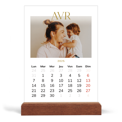 Calendrier de bureau support bois - portrait  — Large texte Doré [Avril]