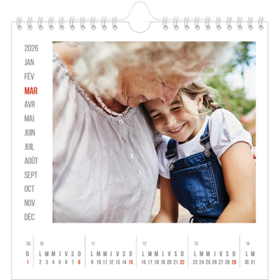 Calendriers annuels carré — Accent rouge [Mars]