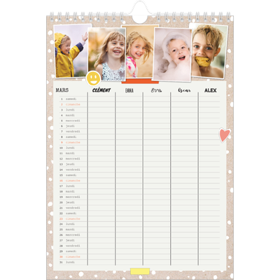 Calendrier familial A4 — Agenda rustique - Famille de 5 [Mars]