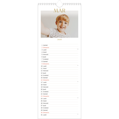 Calendrier mural long  — Large texte Doré [Mars]