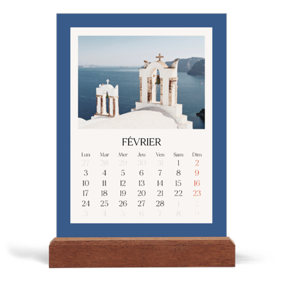 Calendrier de bureau support bois - portrait  — Couleurs classiques [Février]
