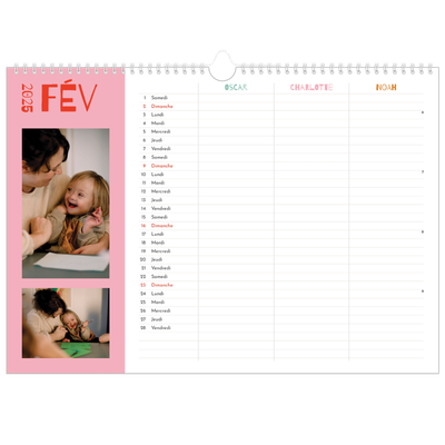 Calendrier photo A3 — Agenda tout en couleurs - Famille de 3 [Février]