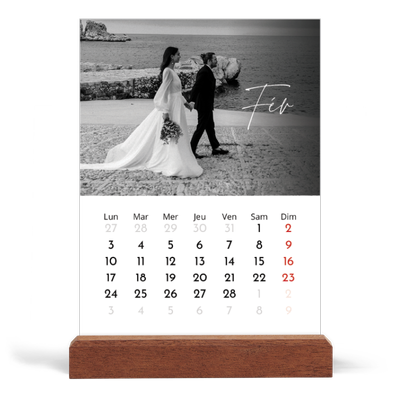 Calendrier de bureau support bois - portrait  — Écriture élégante [Février]