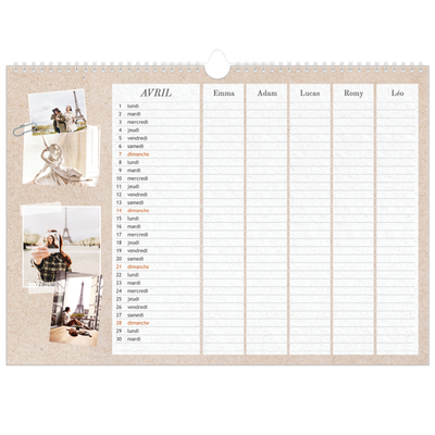 Calendrier photo A3 — Agenda kraft - Famille de 5 [Avril]