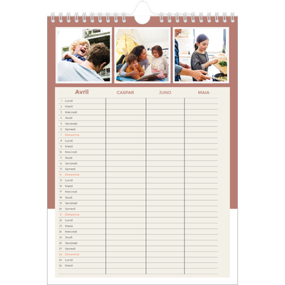 Calendrier familial A4 — Agenda palette naturelle - Famille de 3 [Avril]