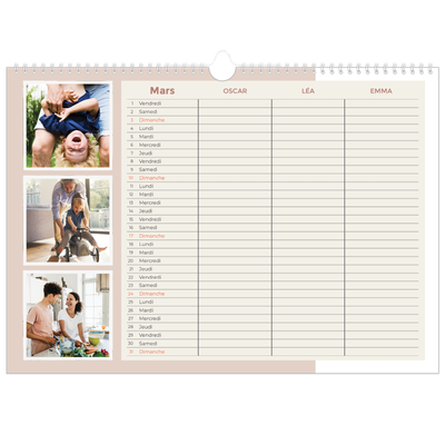 Calendrier photo A3 — Agenda palette naturelle - Famille de 3 [Mars]