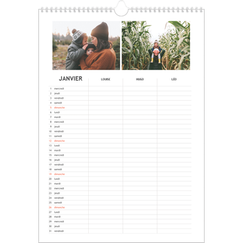 Calendrier photo A3 — Agenda simple - Famille de 3