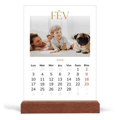 Calendrier de bureau support bois - portrait  — Large texte Doré [Février]