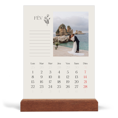 Calendrier de bureau support bois - portrait  — Initiales fleuries [Février]