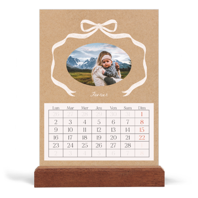 Calendrier de bureau support bois - portrait  — Kraft et nœud [Février]