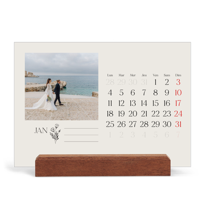 Calendrier de bureau support bois - paysage   — Initiales fleuries [Janvier]